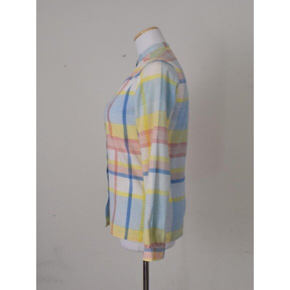 Vintage 80s Plaid Long-Sleeves Cotton Pastel Button-up‎ Blouse - Picture 2 of 10